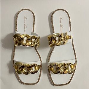 Lauren Lorraine White Sandals with Gold Chain Trim